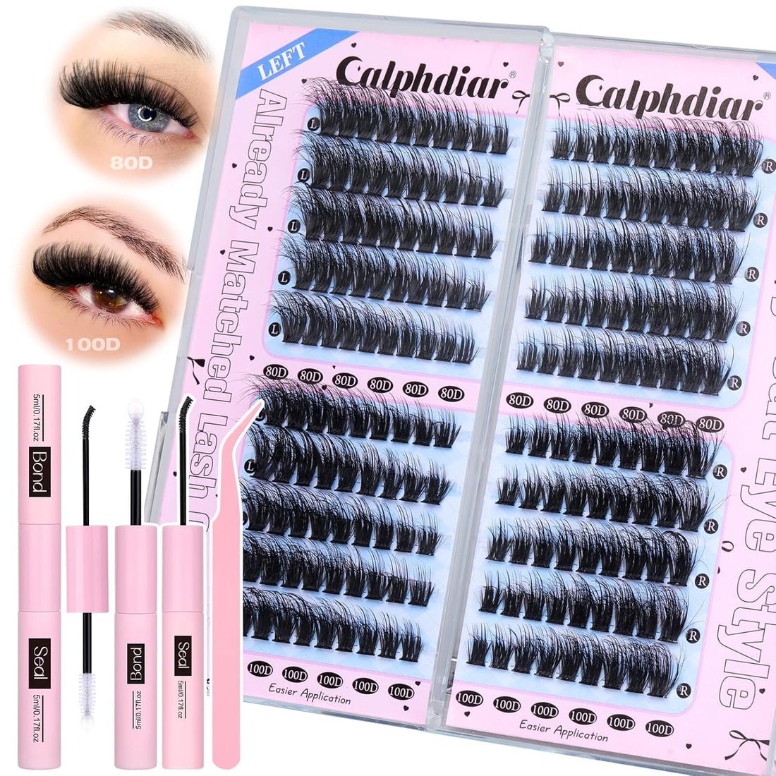 Fluffy 80D 100D Lash Clusters Kit Thick Volume Lash Extension Kit Left/Right Cat Eye Eyelash Extension Kit 10-18Mm D Curl Cluster Lashes Extensions Lash Bond and Seal Tweezers DIY Eyelash Clusters Kit
