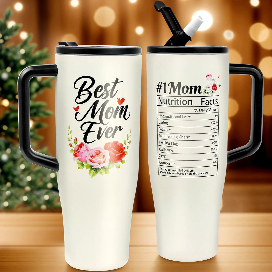 #1 Mom 40Oz Tumbler| Universal Silicone Cup Adapter Ring| Mom Nutrition Facts White Insulated Cup | Leakresistant Travel Coffee Mug with Handle & Straw | Mother'S Day Gift | Special Edition |Funny Birthday Present |Stainless Steel Coffee Travel