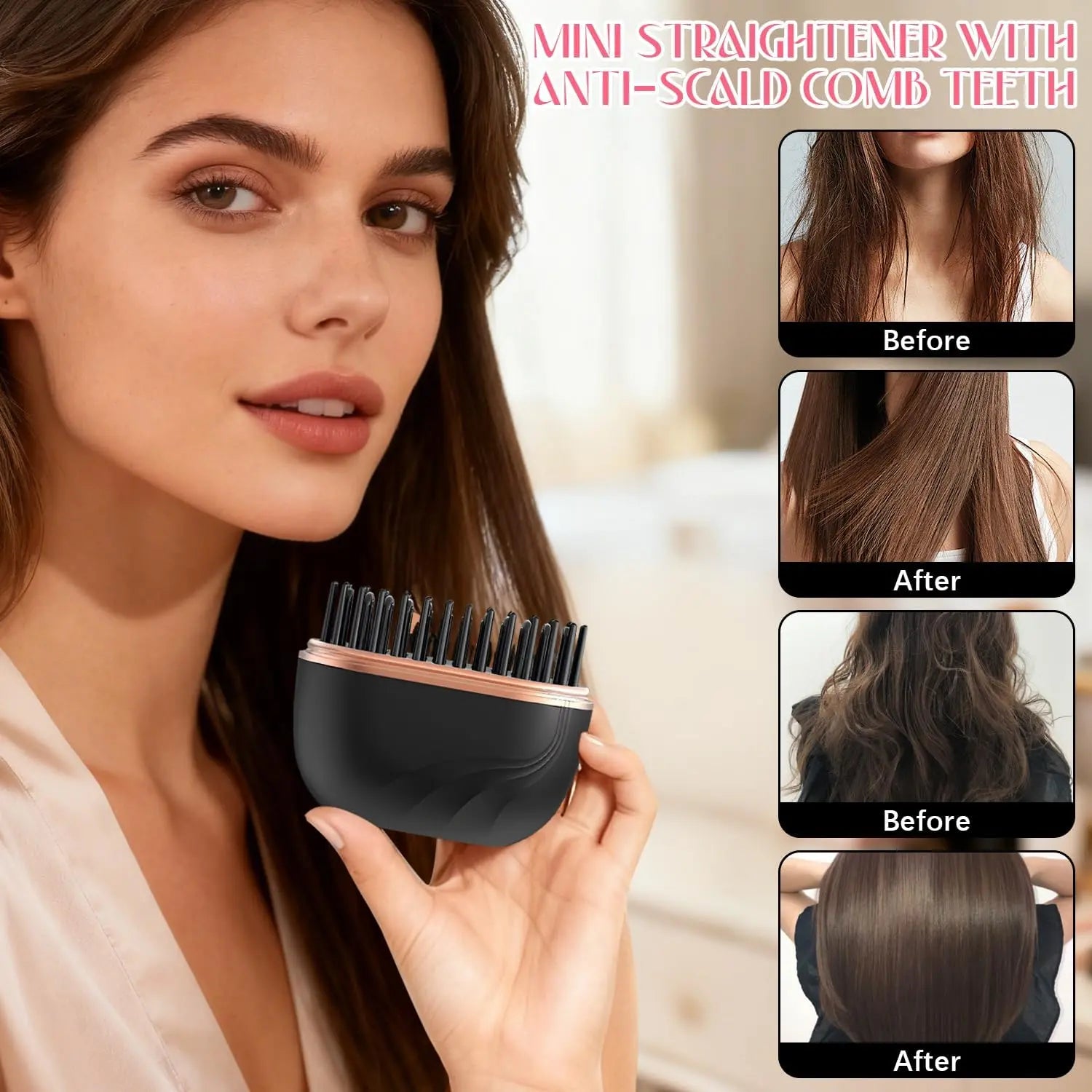 Mini Cordless Hair Straightener, Portable 2-In-1 Heated Comb and Iron, Portable and Rechargeable Travel Essential, Travel-Friendly Styling Tool, Multifunctional Hair Straightener for Travel and Home, Anti-Frizz Brush
