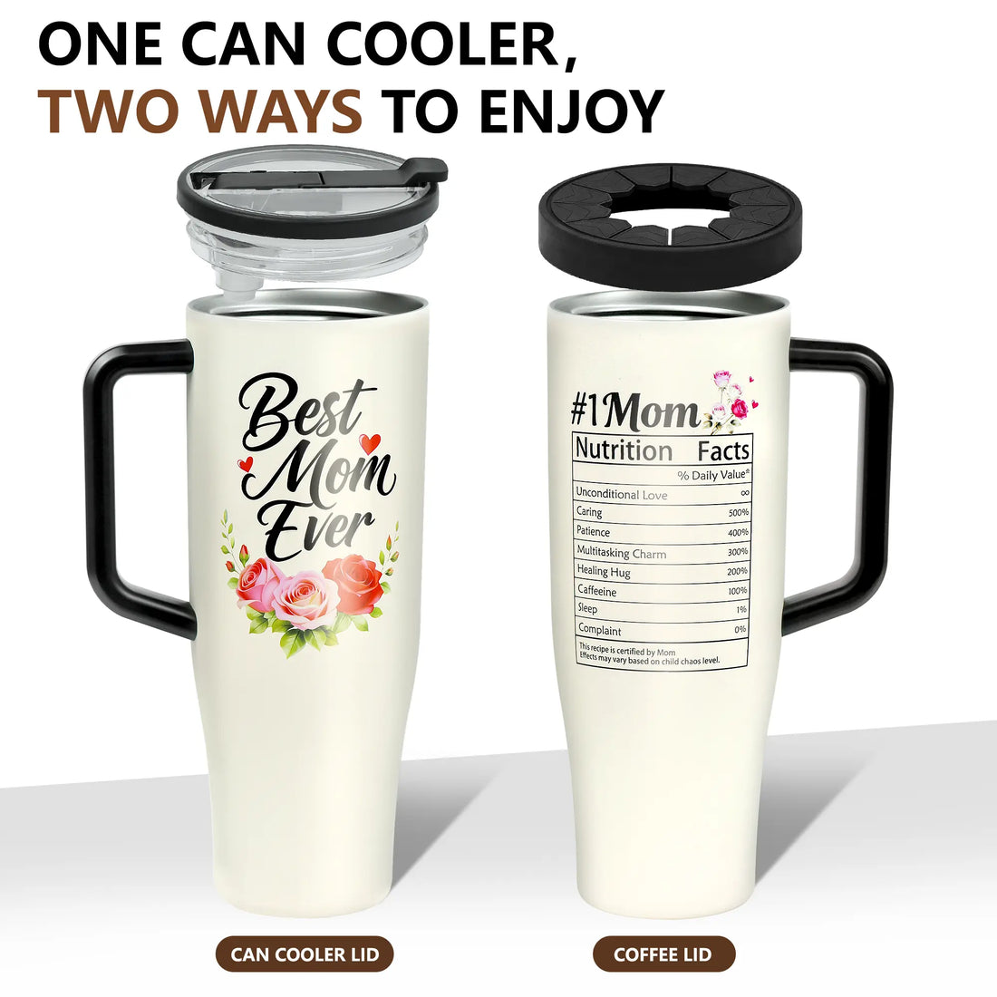 #1 Mom 40Oz Tumbler| Universal Silicone Cup Adapter Ring| Mom Nutrition Facts White Insulated Cup | Leakresistant Travel Coffee Mug with Handle & Straw | Mother'S Day Gift | Special Edition |Funny Birthday Present |Stainless Steel Coffee Travel