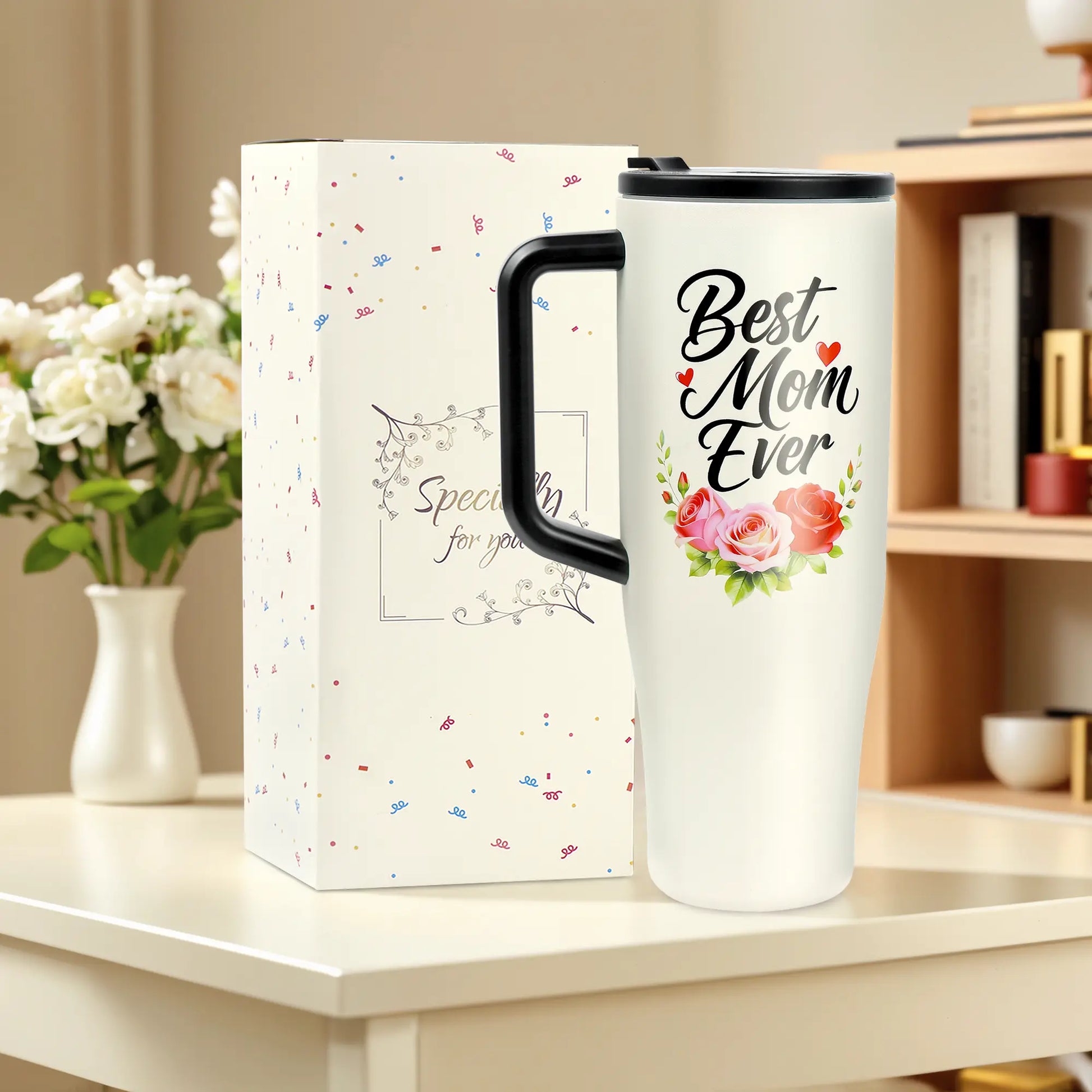 #1 Mom 40Oz Tumbler| Universal Silicone Cup Adapter Ring| Mom Nutrition Facts White Insulated Cup | Leakresistant Travel Coffee Mug with Handle & Straw | Mother'S Day Gift | Special Edition |Funny Birthday Present |Stainless Steel Coffee Travel